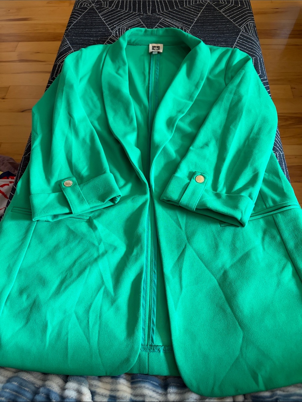 Anne Klein Emerald Green Open-Front Blazer with Gold-Tone Button